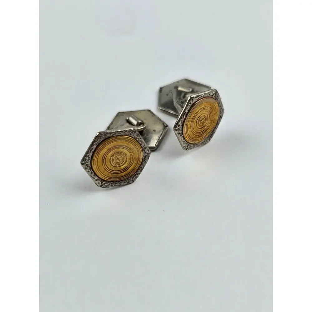 Antique Men's Silver & Gold tone Textured Cufflinks in Clamshell box